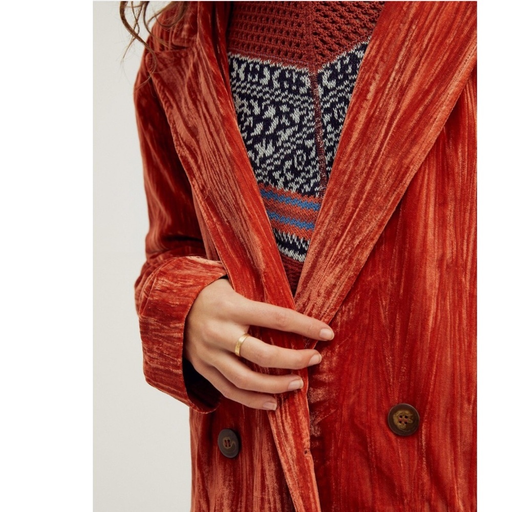 NWOT Free People Daria Crinkle Velvet Long Blazer XL Cinnamon Slouchy Oversized - Picture 3 of 16